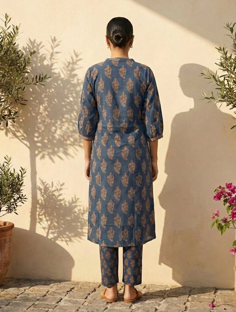 trueBrowns Blue Boota Print Angrakha Kurta Pant Dupatta Set - Image 2